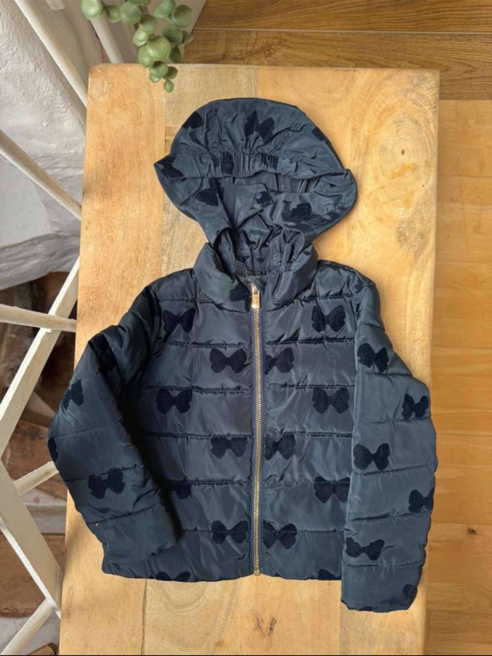 Jacadi Navy Hooded Puffer Jacket with Bow Motif